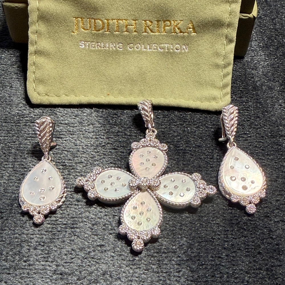 Judith Ripka Mother of Pearl & Diamonique Cross Pendant & Teardrop Earring Set